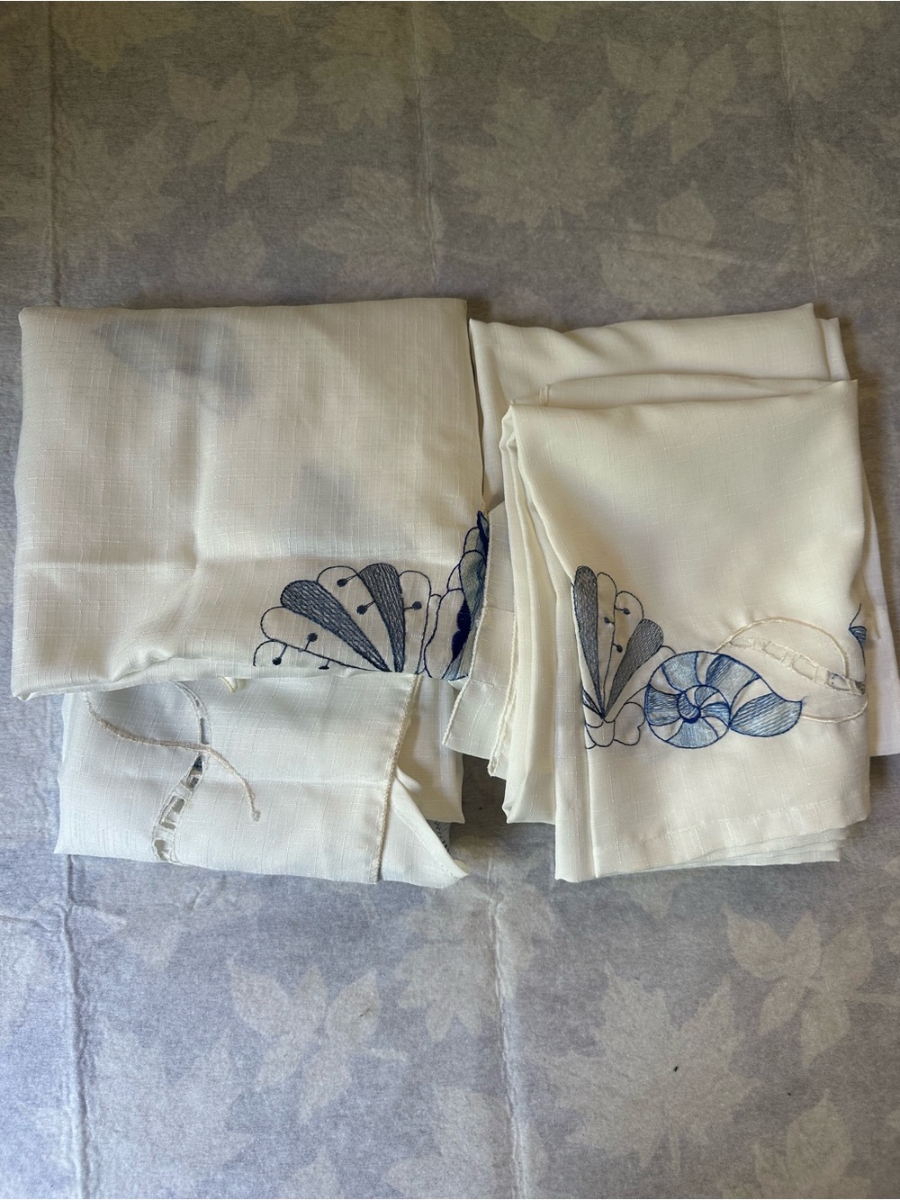 White with Blue Shell Embroidery Curtain Panels and Valences - Picture 8 of 8